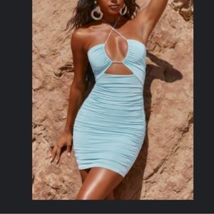 Oh polly blue bodycon rouched mini dress